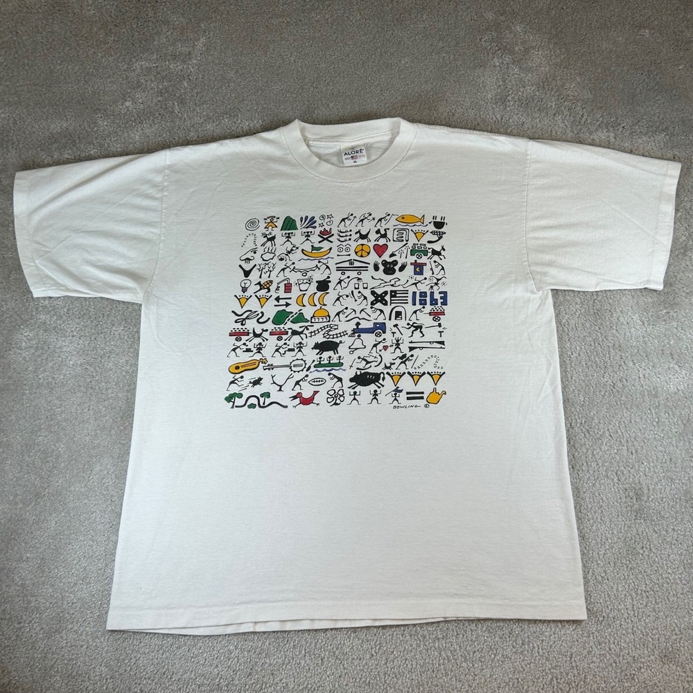 Vintage 90s Alore Bowling Art‎ Graphic T-Shirt Men's XL White Made in USA Rare